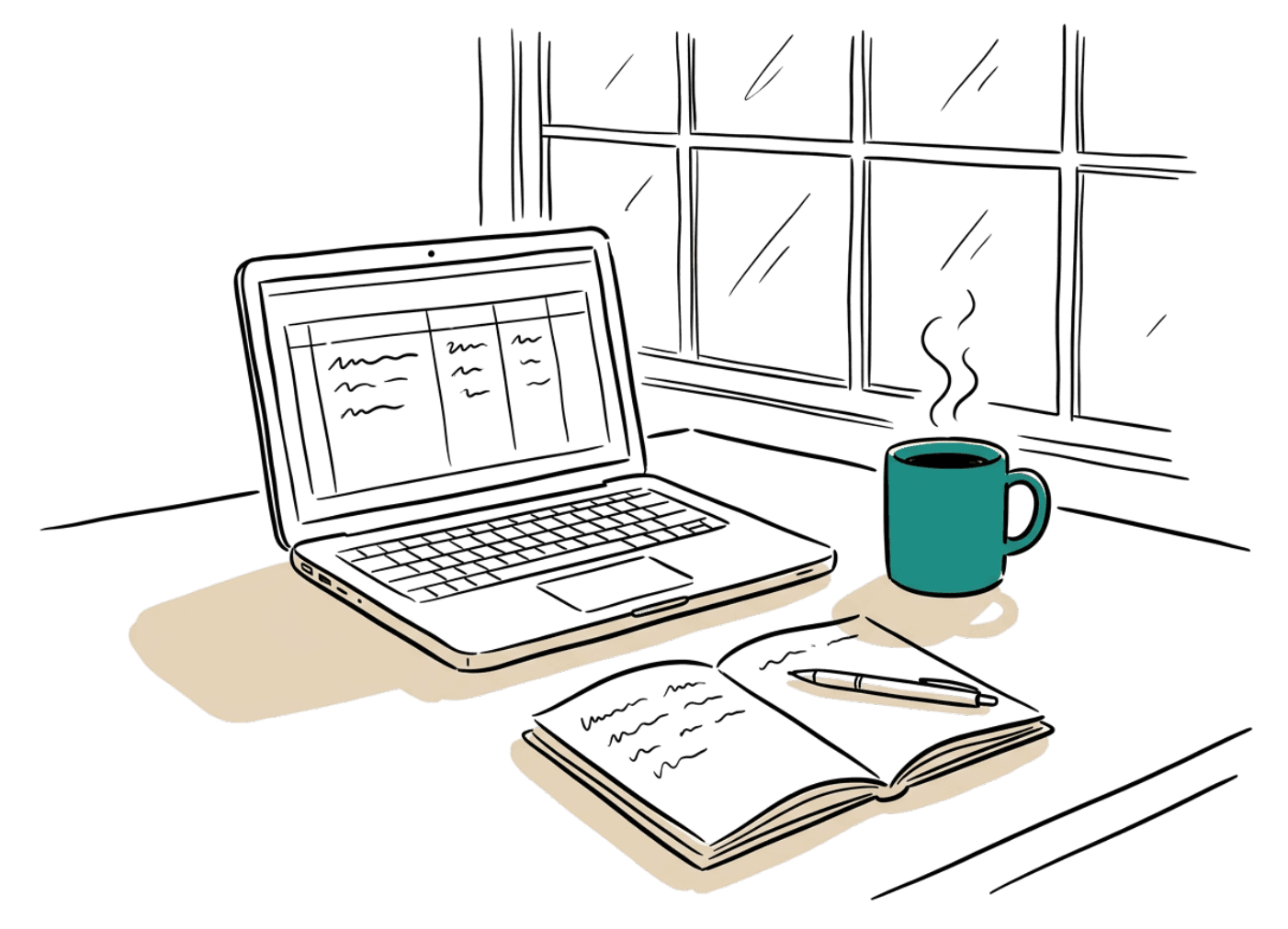 Laptop with notebook and coffee